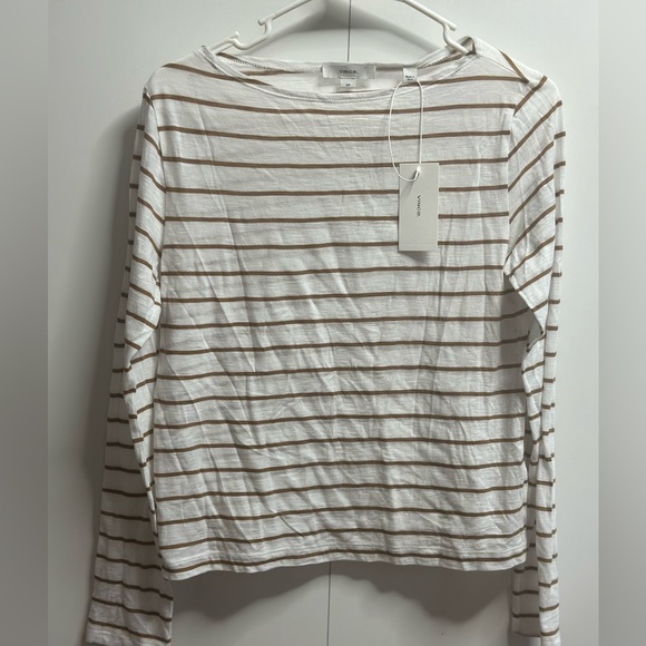 NEW 🎉🎉🎉Vince 100% Cotton Cream and Brown Striped Long Sleeve Top - Picture 2 of 3
